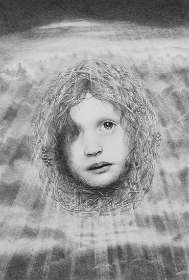 drawing of child's face wrapped in crown of branches - in a sky with clouds and light