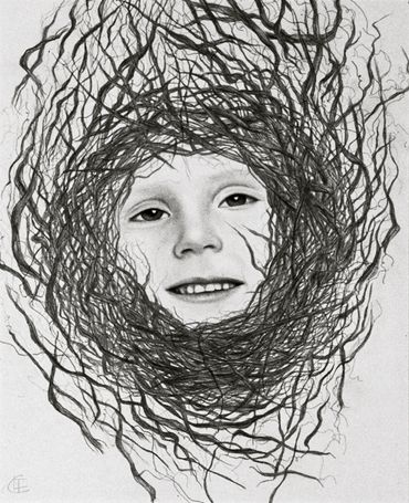 drawing of child's face with wreath of branches around it