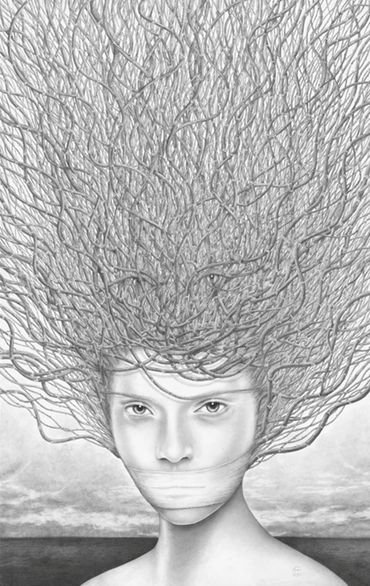 drawing of woman's face with hair made of many curly branches with a hidden face within it