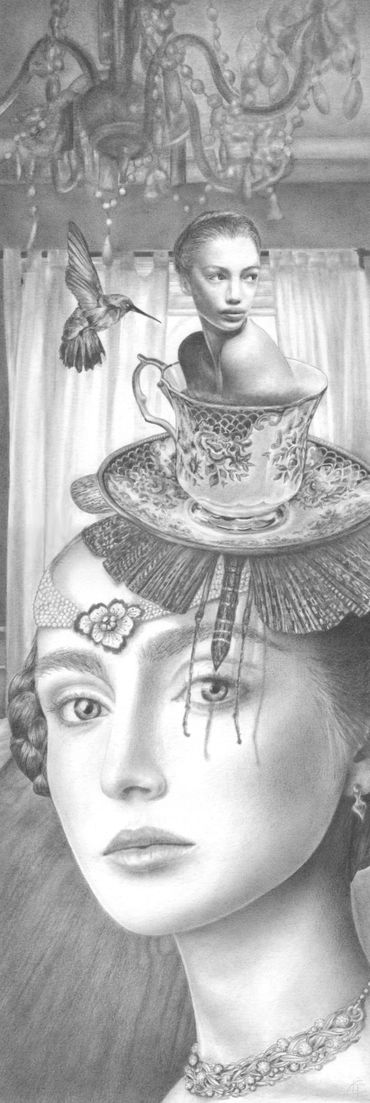 drawing of woman wearing tea cup hat with another woman popping out with hummingbird nearby