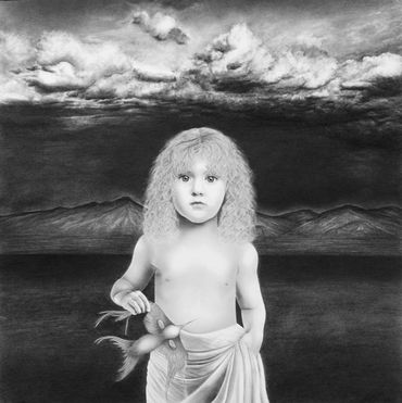 drawing of little girl in dark desert holding a bird mask - many clouds above