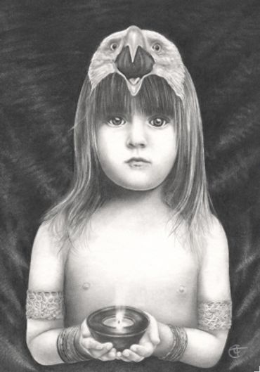 drawing of young girl wearing a bird mask on top of head holding a small candle in hands