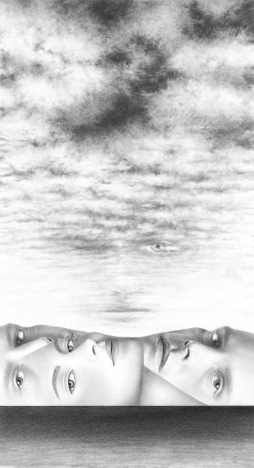 drawing of three faces forming a horizon with another face in the clouds looking at viewer