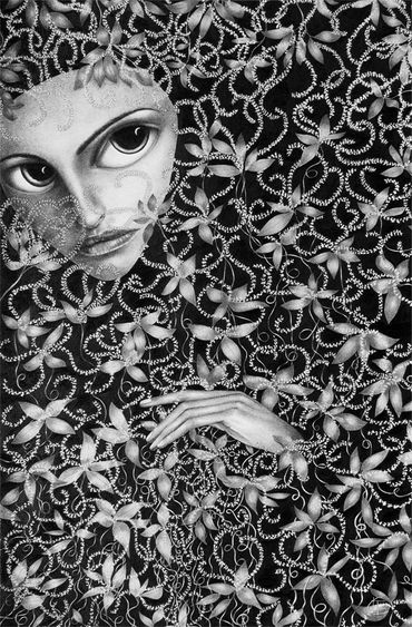 drawing of face and hand within floral vines