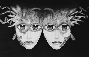 drawing of two faces wearing masks