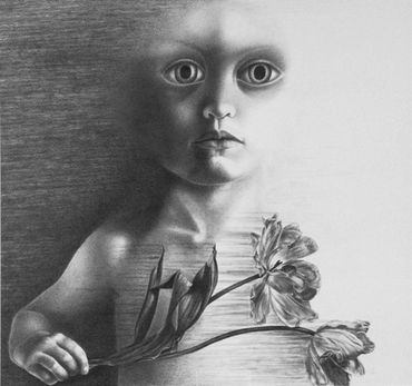 drawing of abstract small child with one arm holding tulips