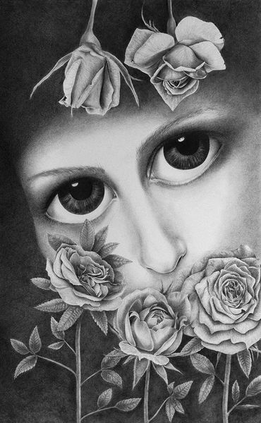 drawing of face with large eyes surrounded by 5 roses