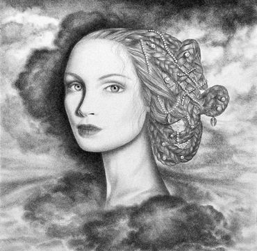 drawing of woman's face within clouds with elaborate hairstyle/pearls