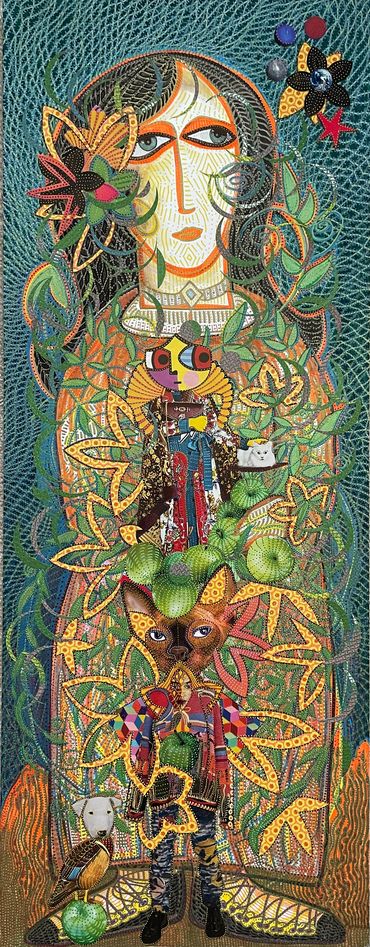 mixed media vertical image of big eyed woman with apples and color