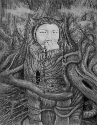 drawing of a child/cat wrapped in a tree with branches and holding prayer beads