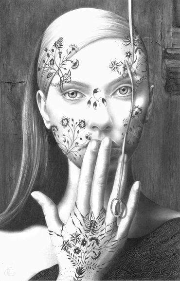 drawing of woman with tattoos and hand over her mouth with a ring floating in front of her