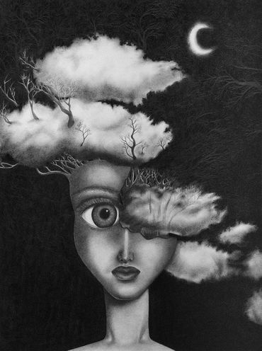 drawing of head with parts missing in clouds at night