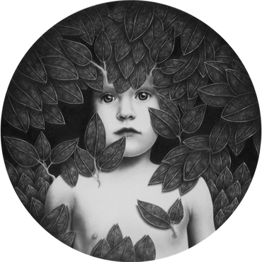 drawing of child with leaves growing around and out of it