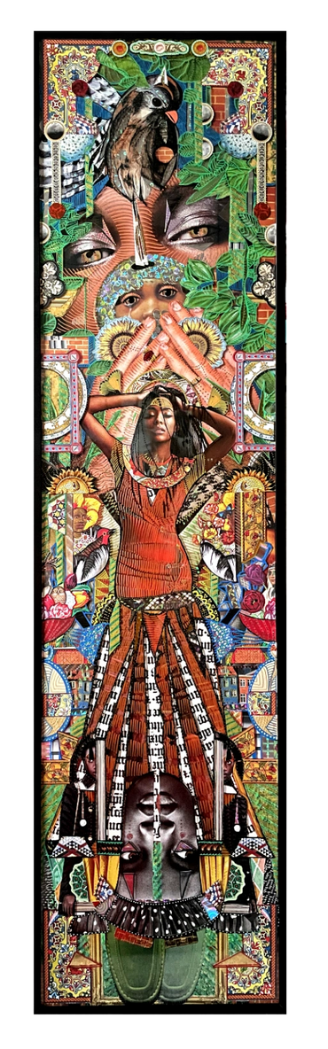Collage and ink on board and on plexi
imagery of black woman and abstract forms
39" x 10" - 2021 (si