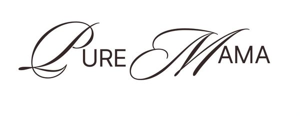 Elegant black script logo reading 'Pure Mama' on white background.