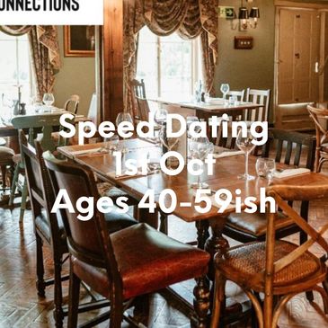 Cozy restaurant promoting speed dating for ages 50+ on June 4th.