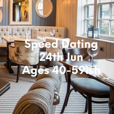 Cozy restaurant promoting speed dating for ages 50+ on June 4th.