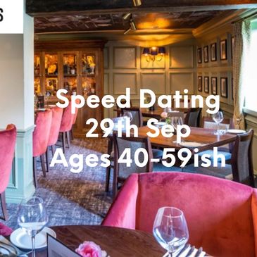 Cozy restaurant promoting speed dating for ages 50+ on June 4th.