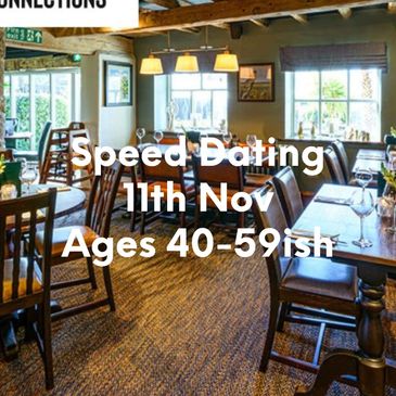 Cozy restaurant promoting speed dating for ages 50+ on June 4th.