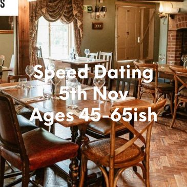 Cozy restaurant promoting speed dating for ages 50+ on June 4th.