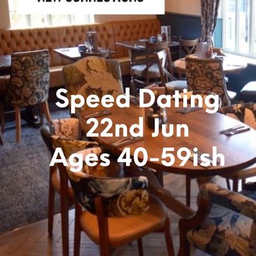 Cozy restaurant promoting speed dating for ages 50+ on June 4th.