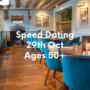 Cozy restaurant promoting speed dating for ages 50+ on June 4th.