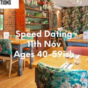 Cozy restaurant promoting speed dating for ages 50+ on June 4th.