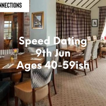 Cozy restaurant promoting speed dating for ages 50+ on June 4th.