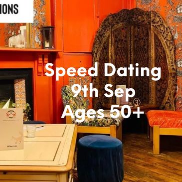 Cozy restaurant promoting speed dating for ages 50+ on June 4th.