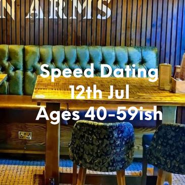 Cozy restaurant promoting speed dating for ages 50+ on June 4th.