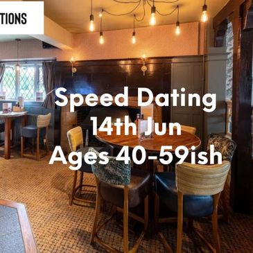 Cozy restaurant promoting speed dating for ages 50+ on June 4th.