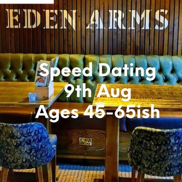 Cozy restaurant promoting speed dating for ages 50+ on June 4th.