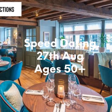 Cozy restaurant promoting speed dating for ages 50+ on June 4th.
