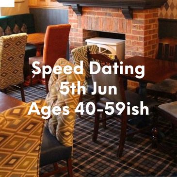 Cozy restaurant promoting speed dating for ages 50+ on June 4th.