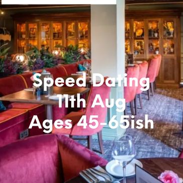 Cozy restaurant promoting speed dating for ages 50+ on June 4th.