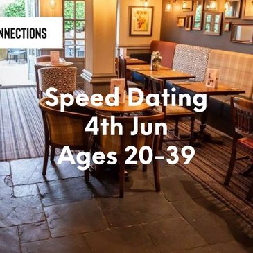 Cozy restaurant promoting speed dating for ages 50+ on June 4th.
