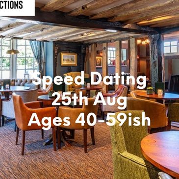 Cozy restaurant promoting speed dating for ages 50+ on June 4th.
