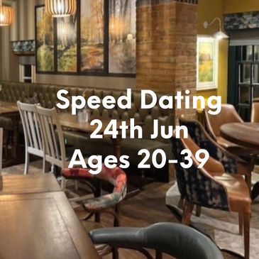 Cozy restaurant promoting speed dating for ages 50+ on June 4th.