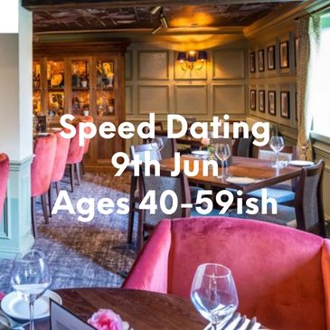 Cozy restaurant promoting speed dating for ages 50+ on June 4th.