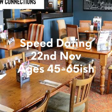 Cozy restaurant promoting speed dating for ages 50+ on June 4th.