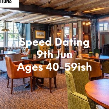 Cozy restaurant promoting speed dating for ages 50+ on June 4th.