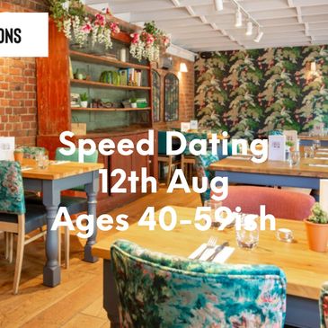 Cozy restaurant promoting speed dating for ages 50+ on June 4th.