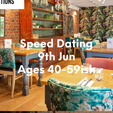 Cozy restaurant promoting speed dating for ages 50+ on June 4th.