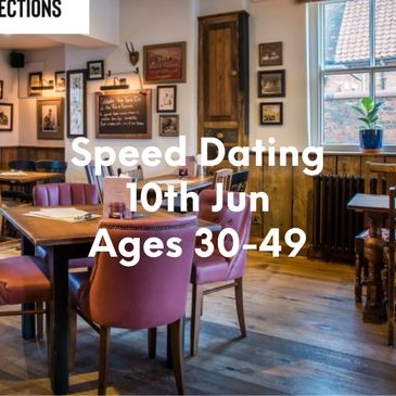 Cozy restaurant promoting speed dating for ages 50+ on June 4th.
