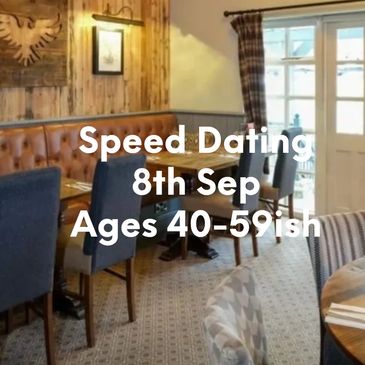 Cozy restaurant promoting speed dating for ages 50+ on June 4th.