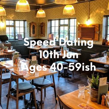 Cozy restaurant promoting speed dating for ages 50+ on June 4th.