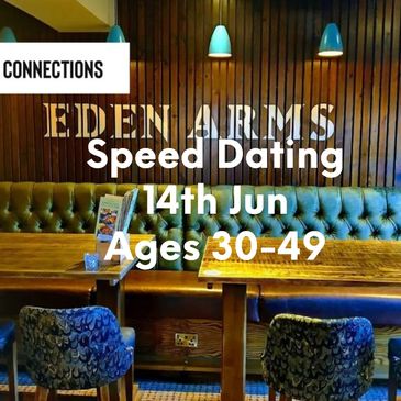 Cozy restaurant promoting speed dating for ages 50+ on June 4th.