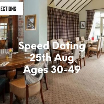 Cozy restaurant promoting speed dating for ages 50+ on June 4th.