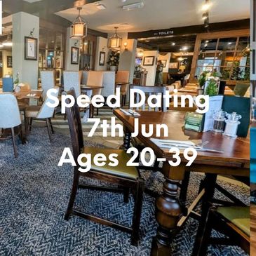 Cozy restaurant promoting speed dating for ages 50+ on June 4th.