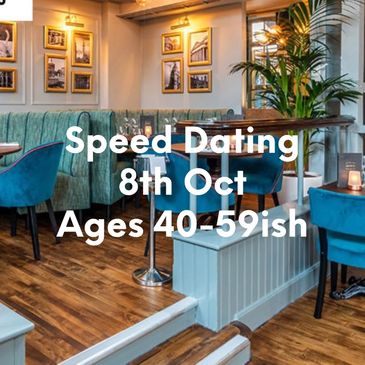 Cozy restaurant promoting speed dating for ages 50+ on June 4th.